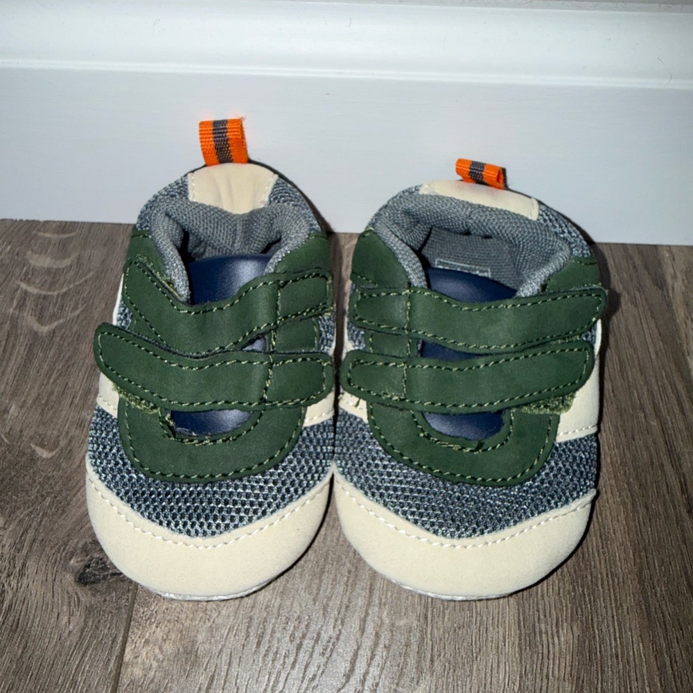 Carter's Green, Gray & Cream Baby Walker Shoes with Orange Pull Tabs